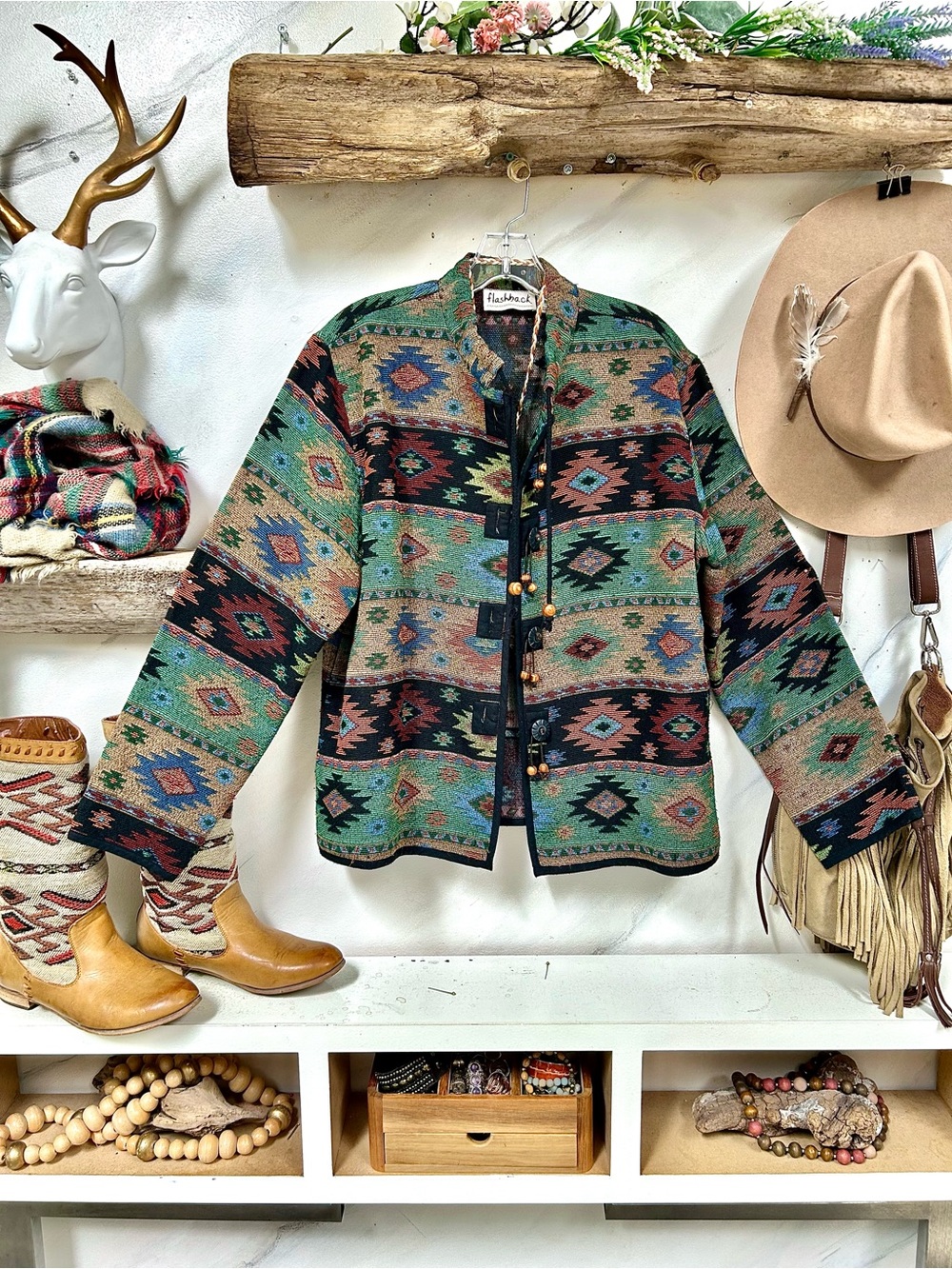 Tapestry Aztec Southwestern native vibe boho jacket country ranch cabin vibe